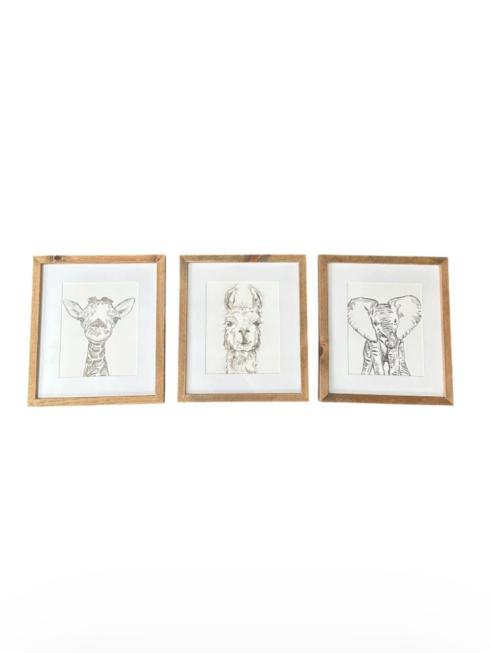3 Pack Zoo Safari Nursery Oak Frames Wall Decor Giraffe,Llama,Elephant Print